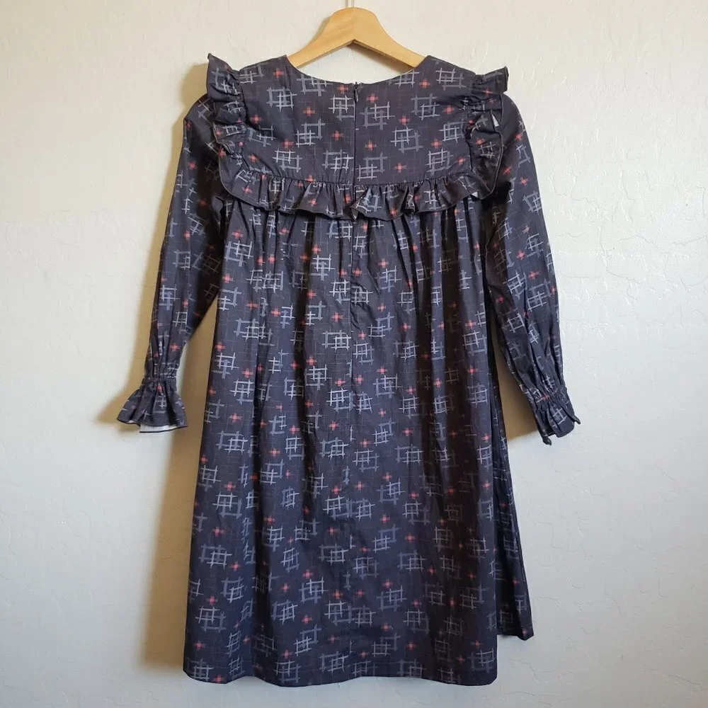 Wren & James Ruffle Bib Long Sleeve Cotton Shift Dress Navy Blue Sz Kids 10 NEW
